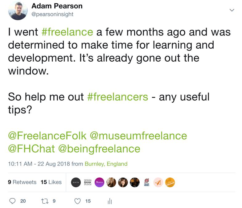 Image shows Adam’s tweet asking for freelancing tips.
